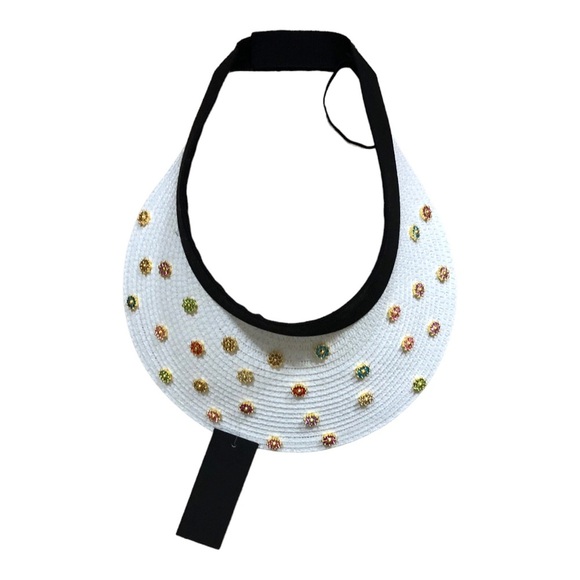 White black bejeweled faux precious‎ stones raffia straw sun visor hat new main image 7